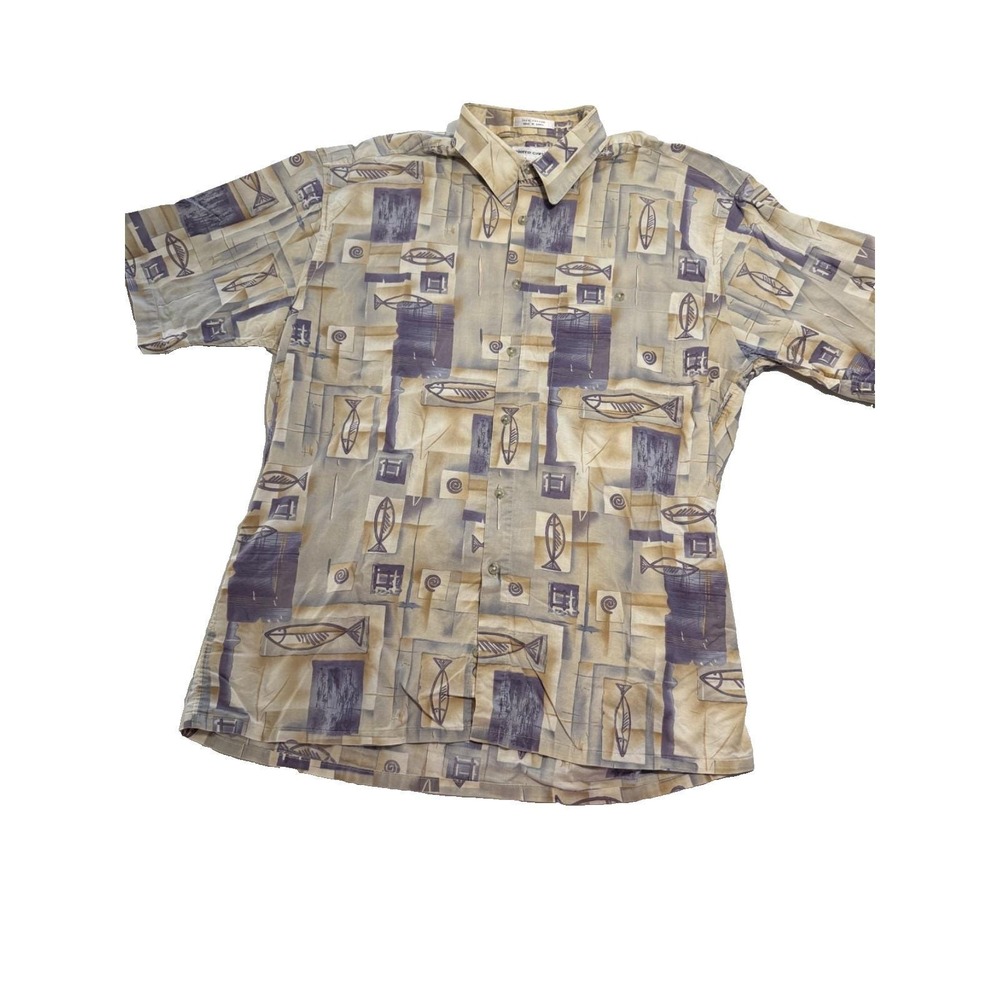 Pierre Cardin Men's Shirt Large Cotton Rayon Geometric Short Sleeve EUC